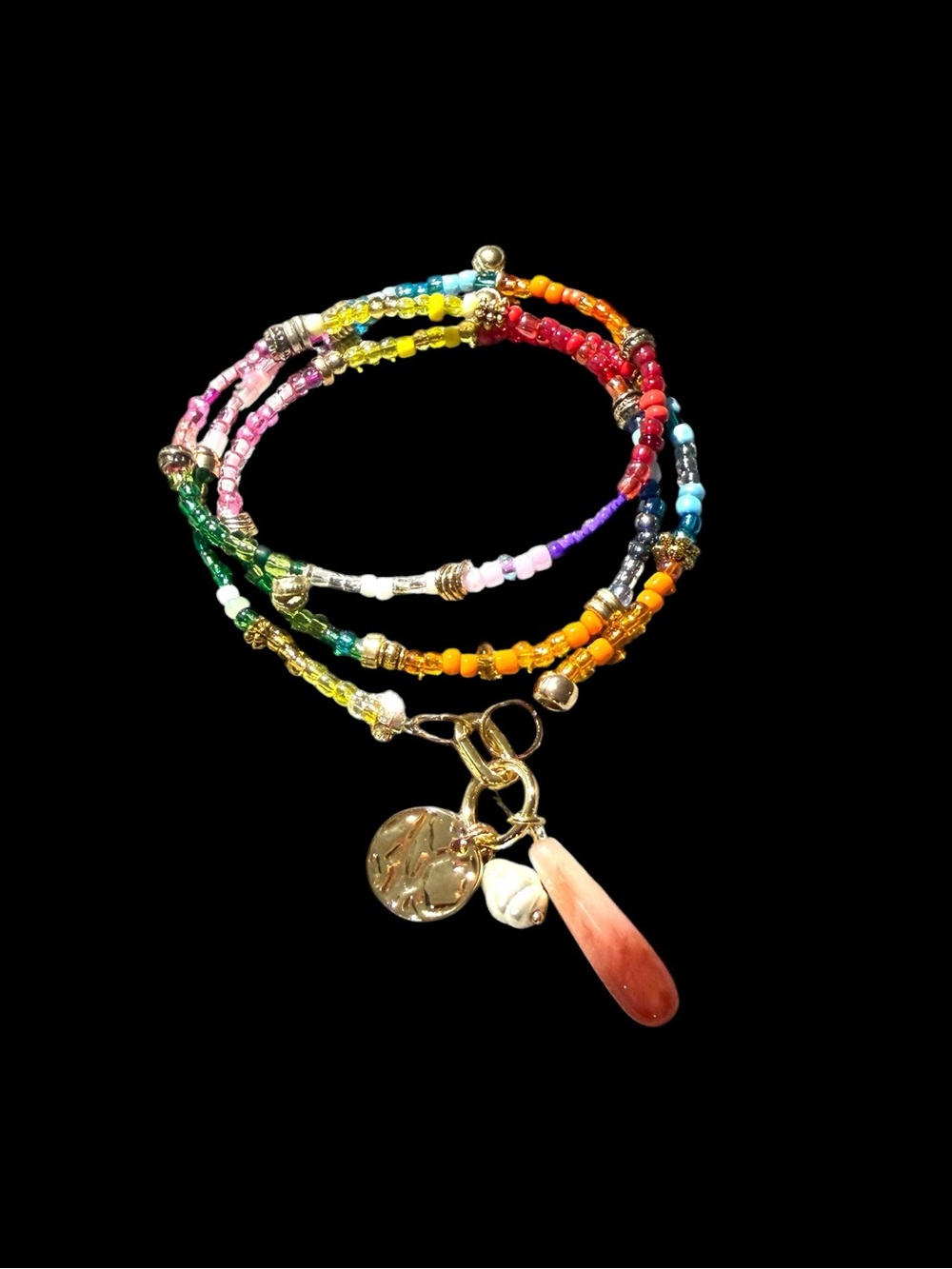 Multi Color Long Bead 3 Charm Necklace.